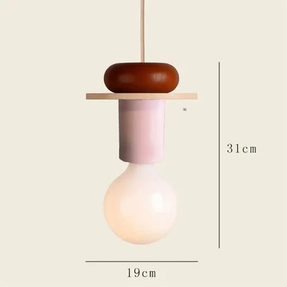 Modern multi color wood and iron accent pendant light with warm wooden top matte pink middle and classic bulb for kitchen dining room