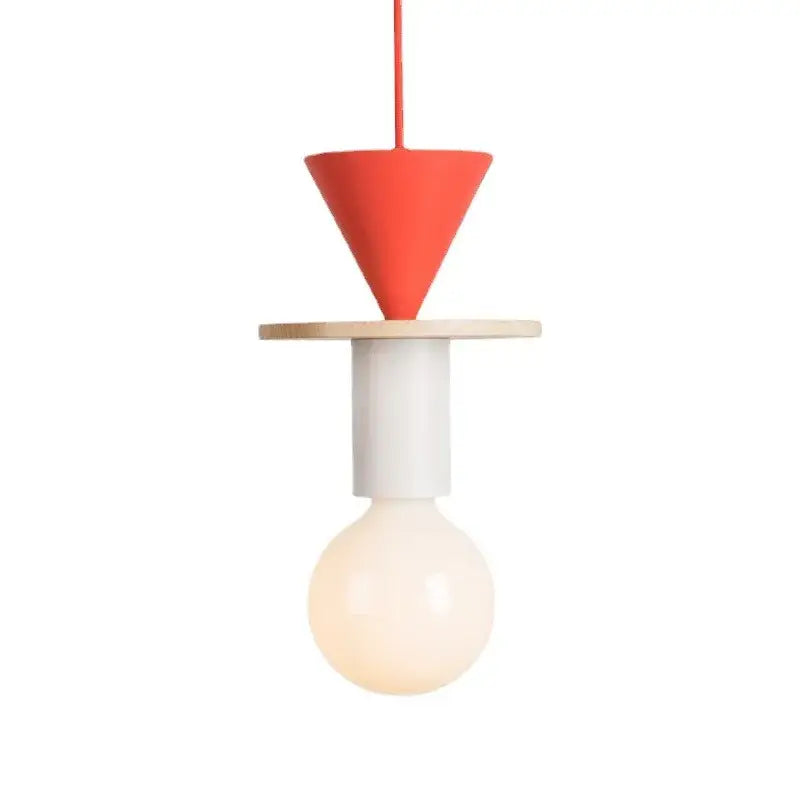 Modern pendant light with vibrant red conical shade, iron accent, natural wood disc, and glowing led bulb for kitchen