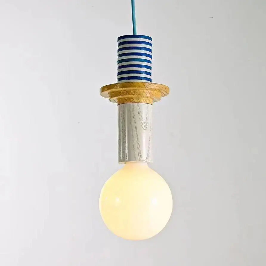 A warm glowing pendant light with iron accent and wood grain stacked cylinders in blue white for kitchen dining room