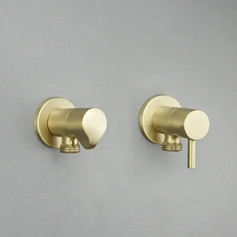 Pair of modern decorbites brass triangle wall-mounted bathroom faucets with minimalist brass triangle valve handles