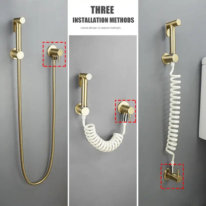 Gold-colored wall-mounted decorbites brass triangle valve bathroom faucet with flexible hose and three installation options