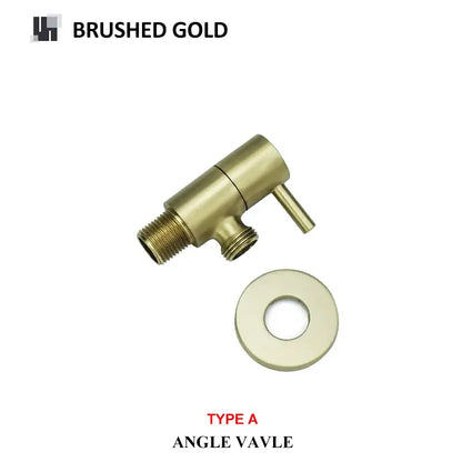 Modern multi finish decorbites brass triangle valve in brushed gold with matching circular washer and threaded connections