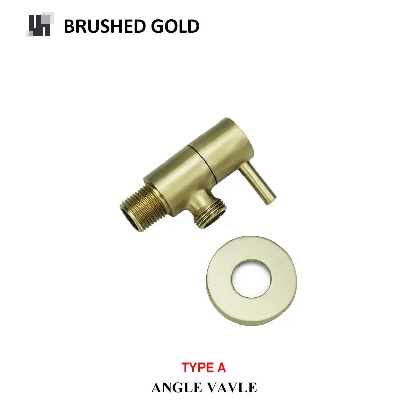 Modern multi finish decorbites brass triangle valve in brushed gold with matching circular washer and threaded connections