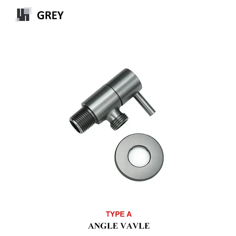 Grey metallic decorbites brass triangle valve with threaded connections and matching circular flange for bathroom faucet