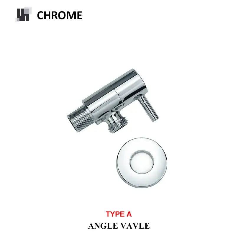 Chrome finished decorbites brass triangle angle valve with sleek metallic design and matching circular flange for bathrooms