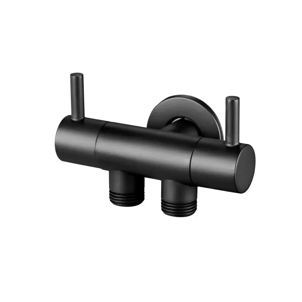Modern multi finish dual control bidet valve with black matte dual handles and threaded connections in sleek cylindrical design