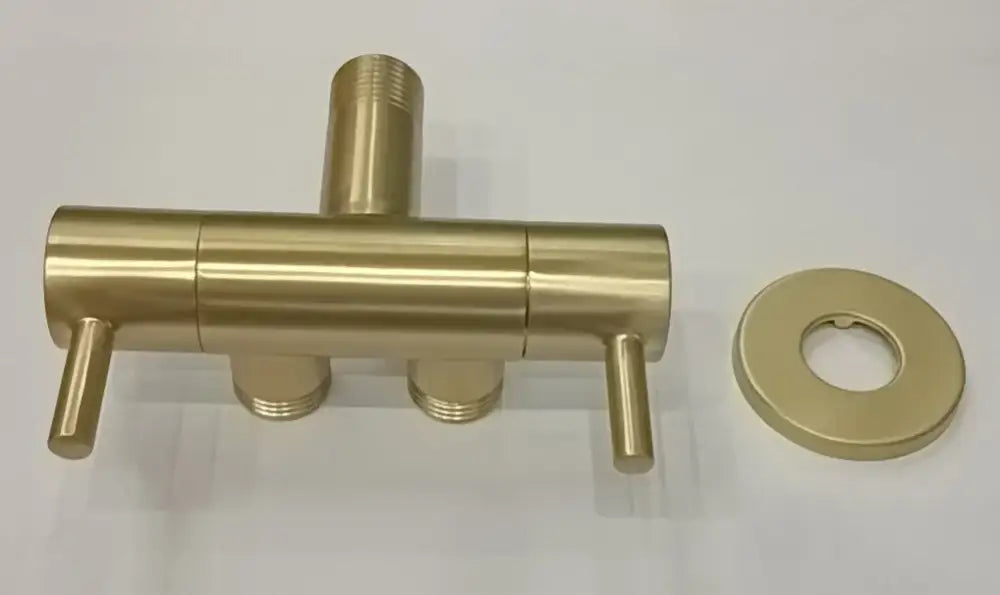 Gold-colored brushed metal dual-handle shower faucet with matching circular flange for modern multi finish bidet valve bathroom use