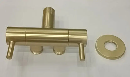 Gold-colored brushed metal dual-handle shower faucet with matching circular flange for modern multi finish bidet valve bathroom use