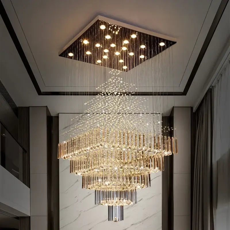 Modern multi tier crystal ceiling chandelier with gold-toned metal and glass rods for elegant living room decorbites crystal ceiling