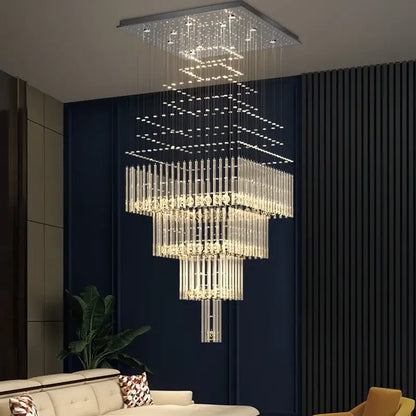 Modern multi tier crystal ceiling chandelier with cascading glass rods and embedded led lights by decorbites crystal ceiling