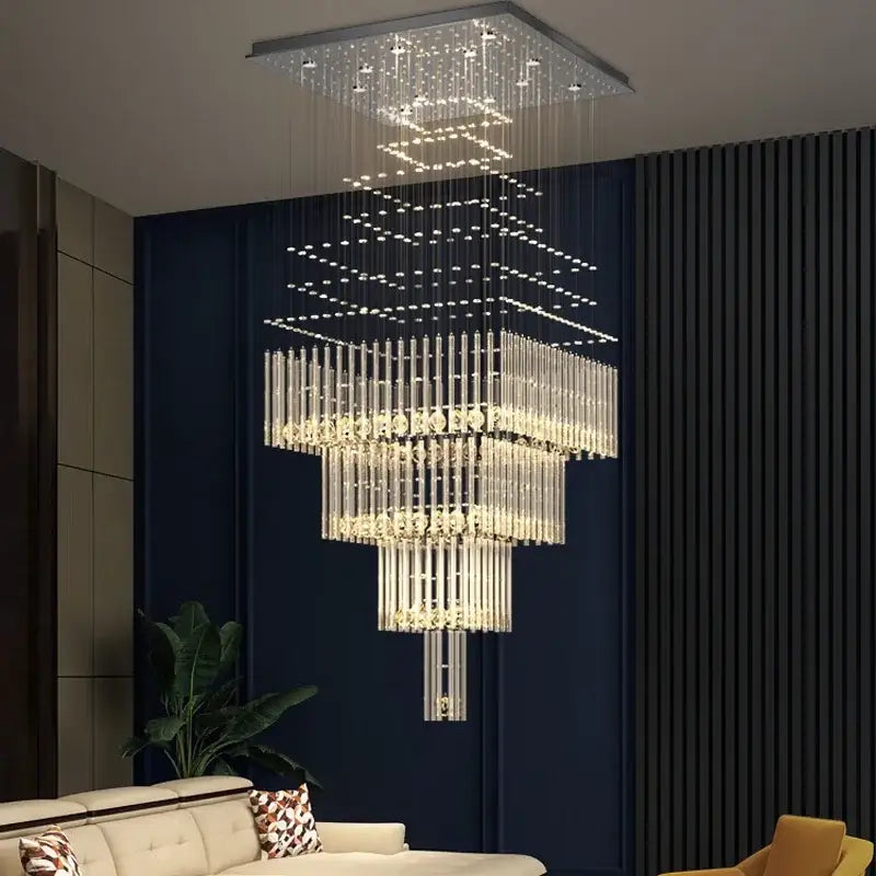 Modern multi tier crystal ceiling chandelier with cascading glass rods and embedded led lights by decorbites crystal ceiling