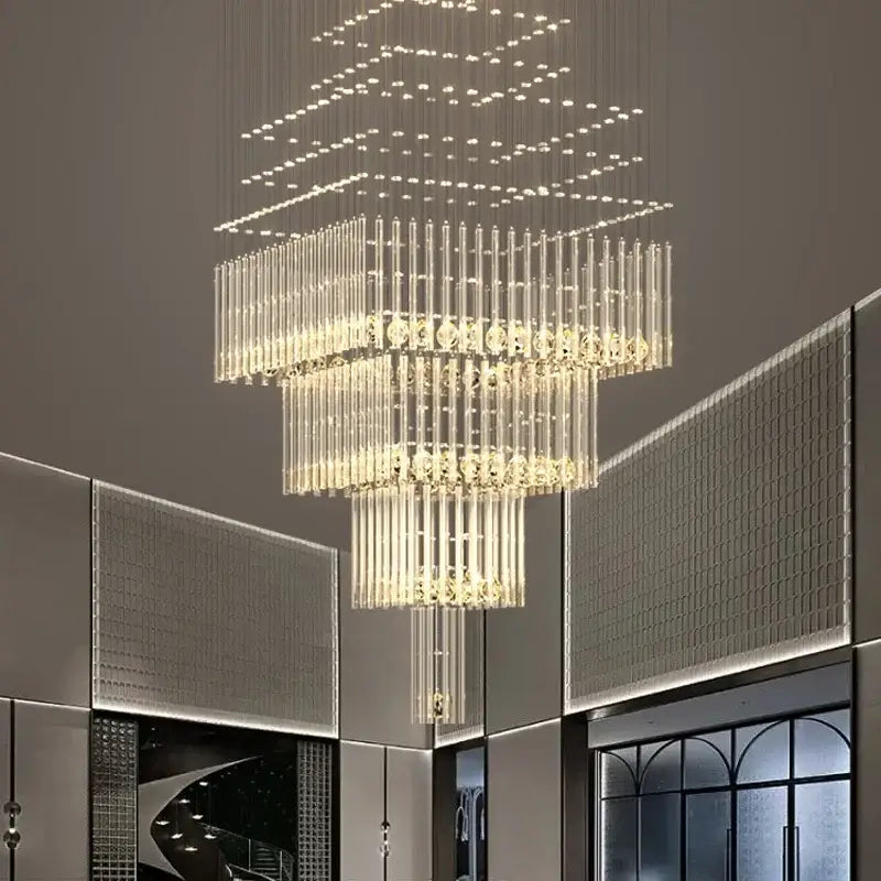 Modern multi tier crystal ceiling chandelier by decorbites with cascading rods and illuminated geometric patterns for living room decor