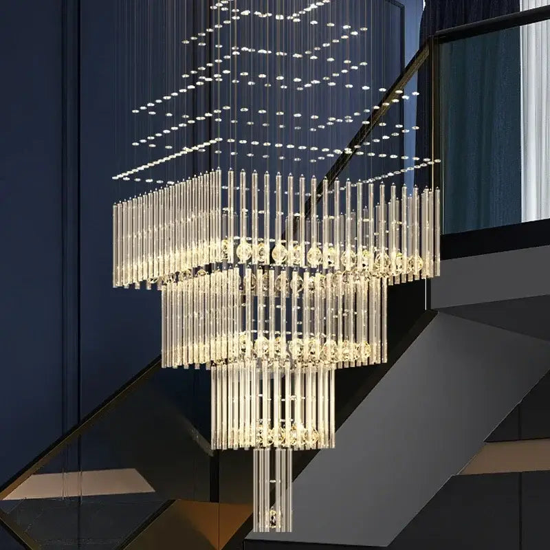 Modern multi tier crystal ceiling chandelier with cascading glass rods and led lights by decorbites for living room decor