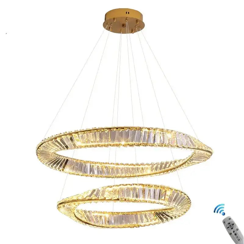 Modern multi tier gold decorbites crystal led chandelier with double rings crystal accents and remote control for dining room