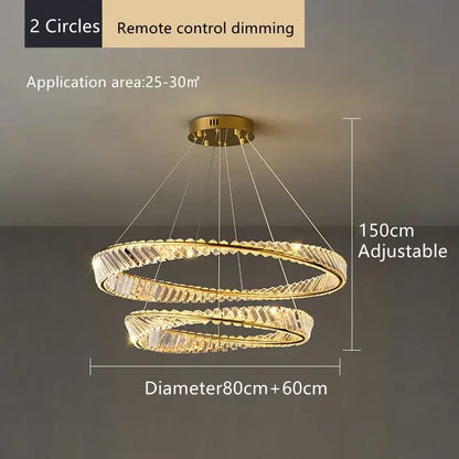 Modern multi tier gold decorbites crystal led double-ring chandelier with crystal encrusted rings and remote dimming