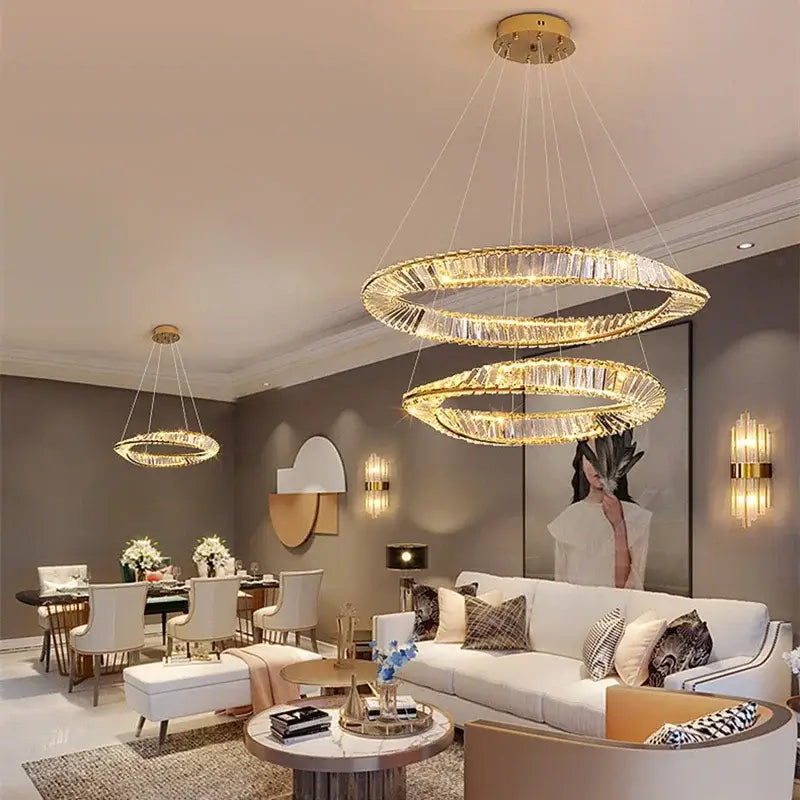 Modern multi tier gold decorbites crystal led chandelier with crystal encrusted double rings for elegant dining room lighting