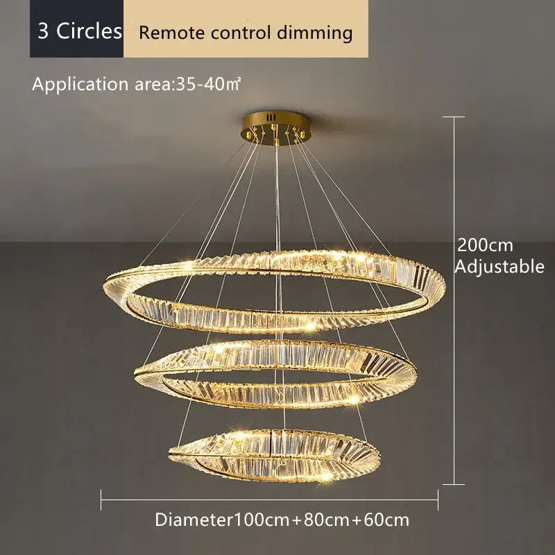 Modern multi tier gold decorbites crystal led chandelier with crystal encrusted rings and remote controlled dimming for dining room
