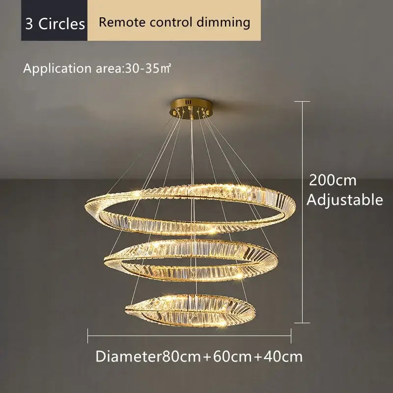 Modern multi tier gold decorbites crystal led chandelier with crystal-encrusted rings and remote dimming for dining room