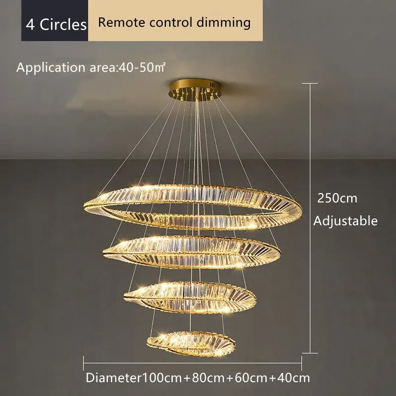 Modern multi tier gold decorbites crystal led chandelier with four crystal encrusted rings for dining room lighting