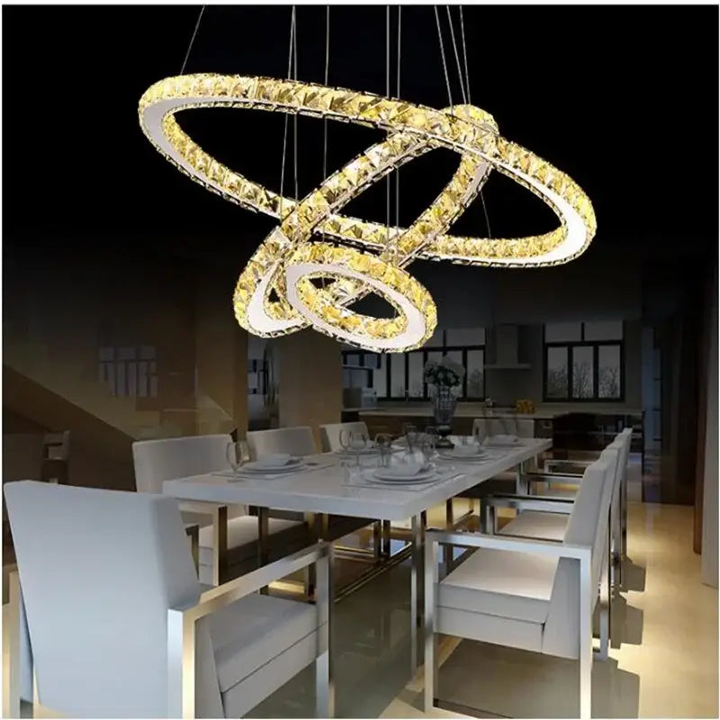 Modern multi tiered golden crystal rings led chandelier with interlocking circular design for elegant living room decorbites crystal rings