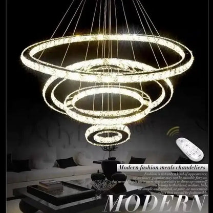 Modern multi tiered chrome crystal rings led chandelier with glowing crystal rings suspended by thin wires for living room decorbites