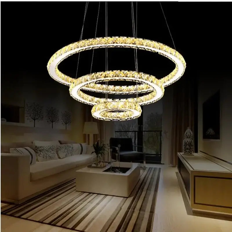 Modern multi tiered golden crystal rings led chandelier with three concentric rings for living room decorbites crystal rings
