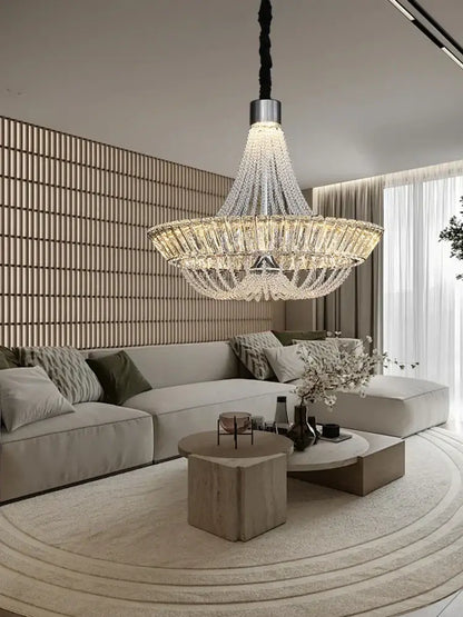 Modern multi tiered crystal ceiling chandelier with sleek silver frame and black braided cord by decorbites crystal ceiling