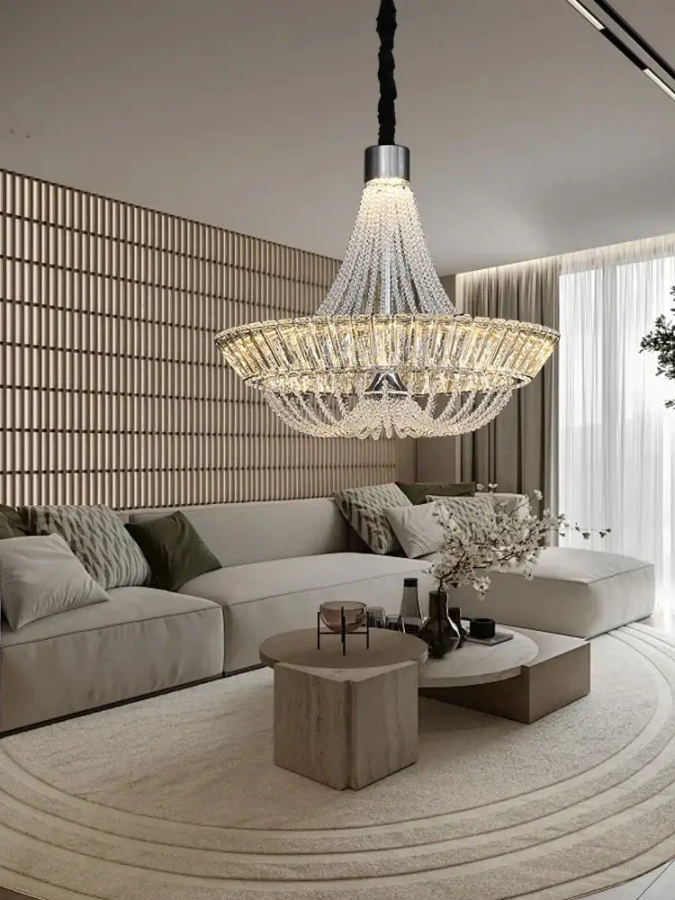 Modern multi tiered crystal ceiling chandelier with sleek silver frame and black braided cord by decorbites crystal ceiling