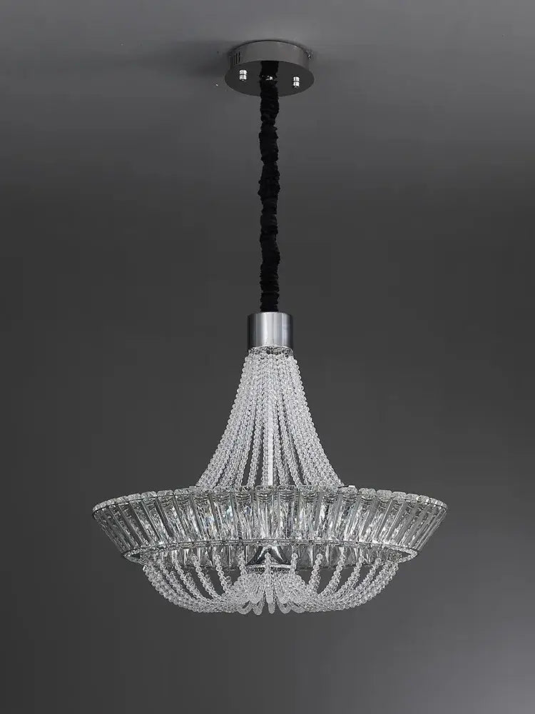 Modern multi tiered decorbites crystal ceiling chandelier with clear glass prisms and sleek chrome finish for living room decor
