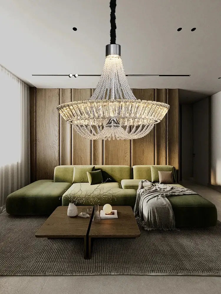 Modern multi tiered crystal ceiling chandelier with sleek metallic base and black cord suspension for living room decorbites crystal ceiling