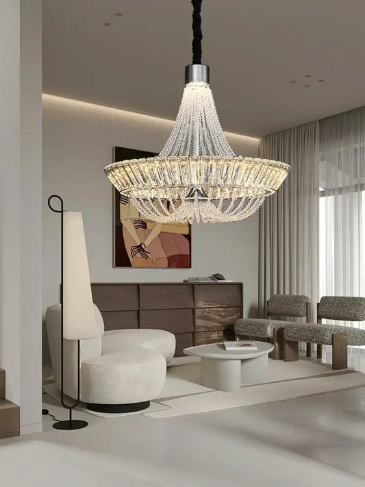 Modern multi tiered crystal ceiling chandelier with sleek metallic finish and clear crystals for living room decorbites crystal ceiling
