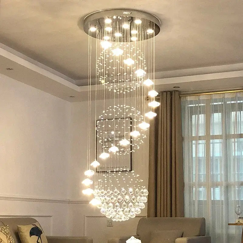 Modern multi-tiered crystal hanging chandelier with clear faceted crystals and sleek chrome base for indoor decorbites decor
