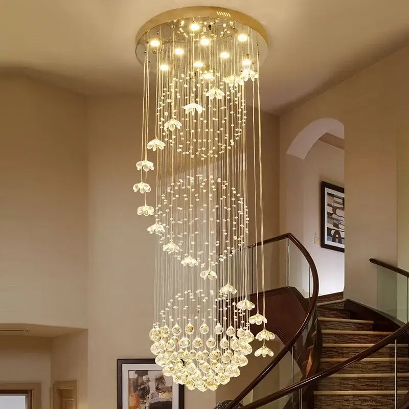 Modern multi-tiered gold-toned crystal hanging chandelier with cascading clear beads and flower-shaped crystals for indoor decorbites decorbites crystal hanging