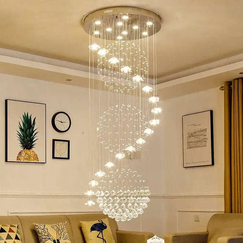 Modern multi tiered crystal hanging loft chandelier with clear glass beads and circular metallic ceiling mount decorbites crystal hanging