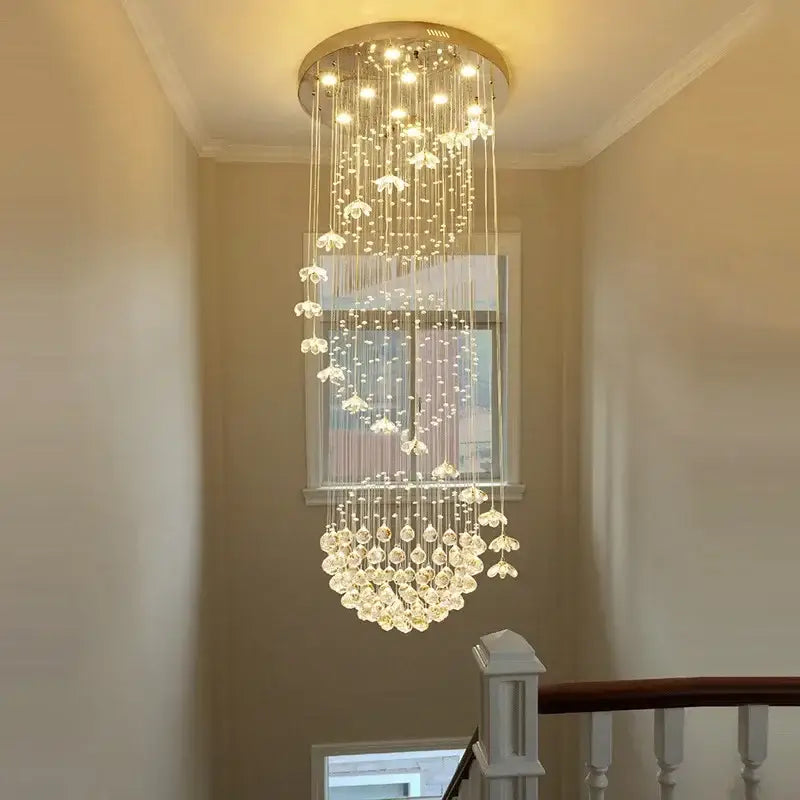 Modern multi tiered crystal hanging loft chandelier with clear glass beads and flower pendants by decorbites crystal hanging