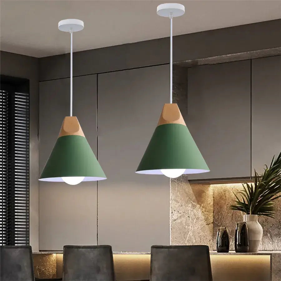 Modern multicolor decorbites cone wood pendant light set features green and wood-toned pendants with white fixtures