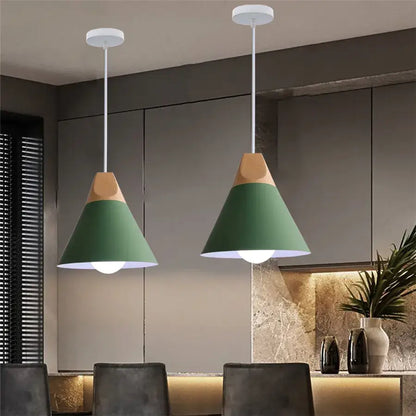Modern multicolor decorbites cone wood pendant light set features green and wood-toned pendants with white fixtures