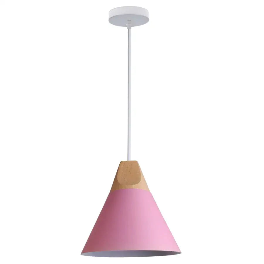 Pink conical decorbites cone wood pendant light with wooden top and white rod for modern dining room decor