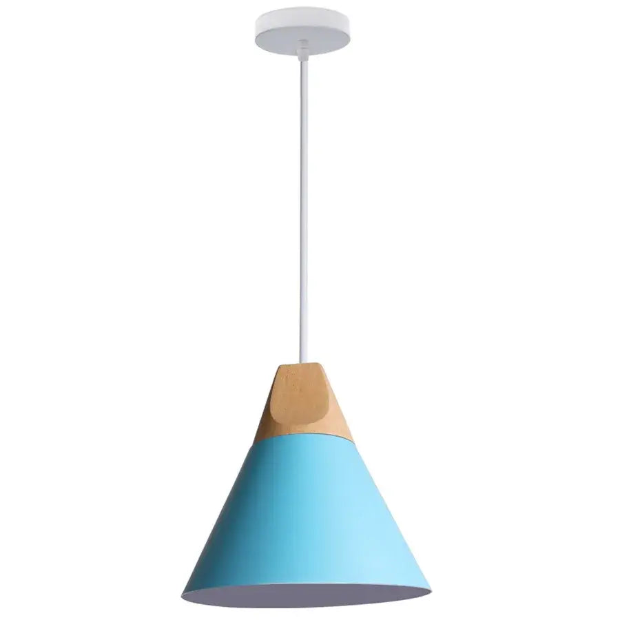 A modern pendant light with a matte sky-blue decorbites cone wood shade and natural wood accent for dining room use
