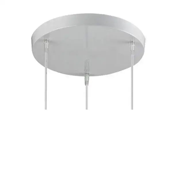 Silver metallic pendant light with three slender rods extending from a circular base for decorbites cone wood pendant set