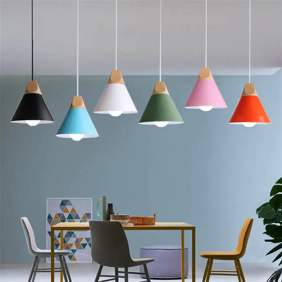 Set of five modern pendant lights with multicolor decorbites cone wood pendant shades for dining room lighting