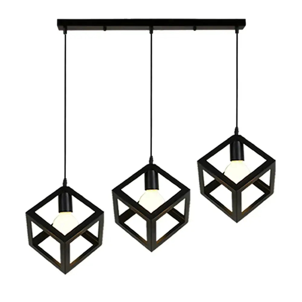 Black metal pendant lights with geometric cube frames and exposed bulbs for modern kitchen decorbites geometric cube lighting
