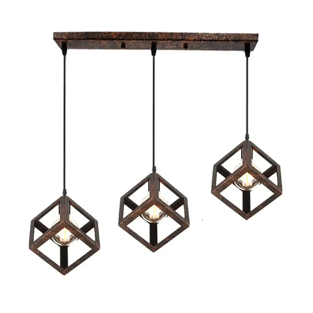 Industrial-style pendant lights with rustic bronze geometric cube frames and exposed bulbs for kitchen decorbites decor