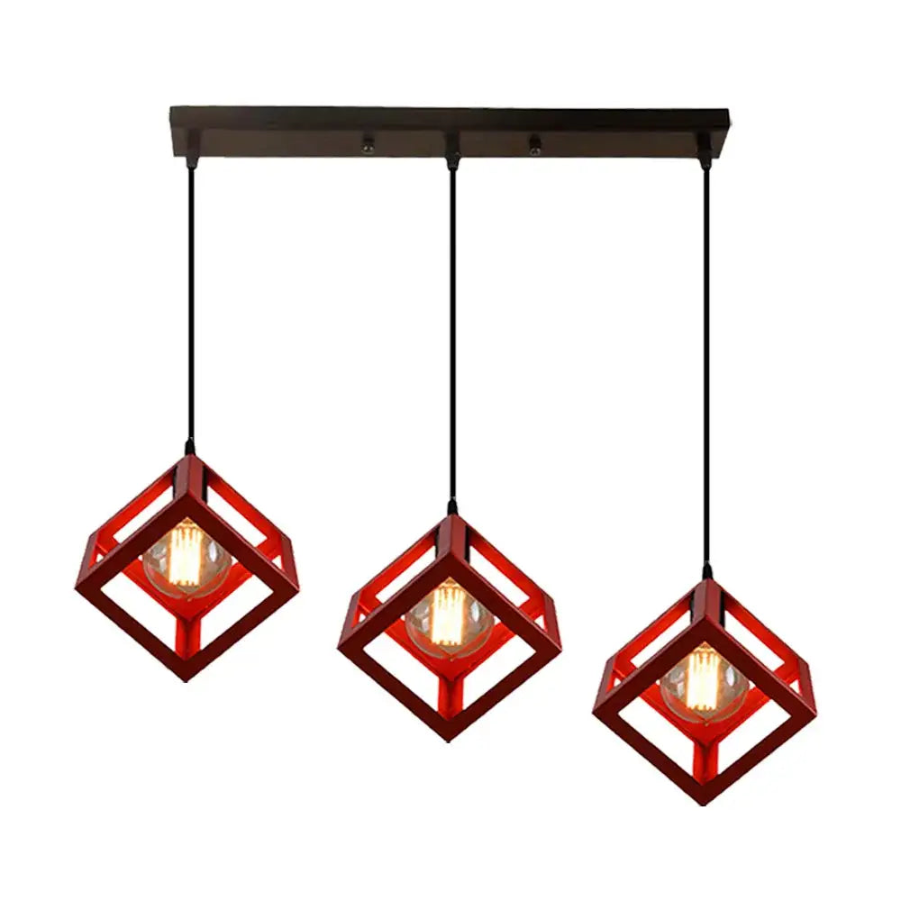 Set of three red geometric cube pendant lights with exposed filament bulbs ideal for modern kitchen decorbites decor