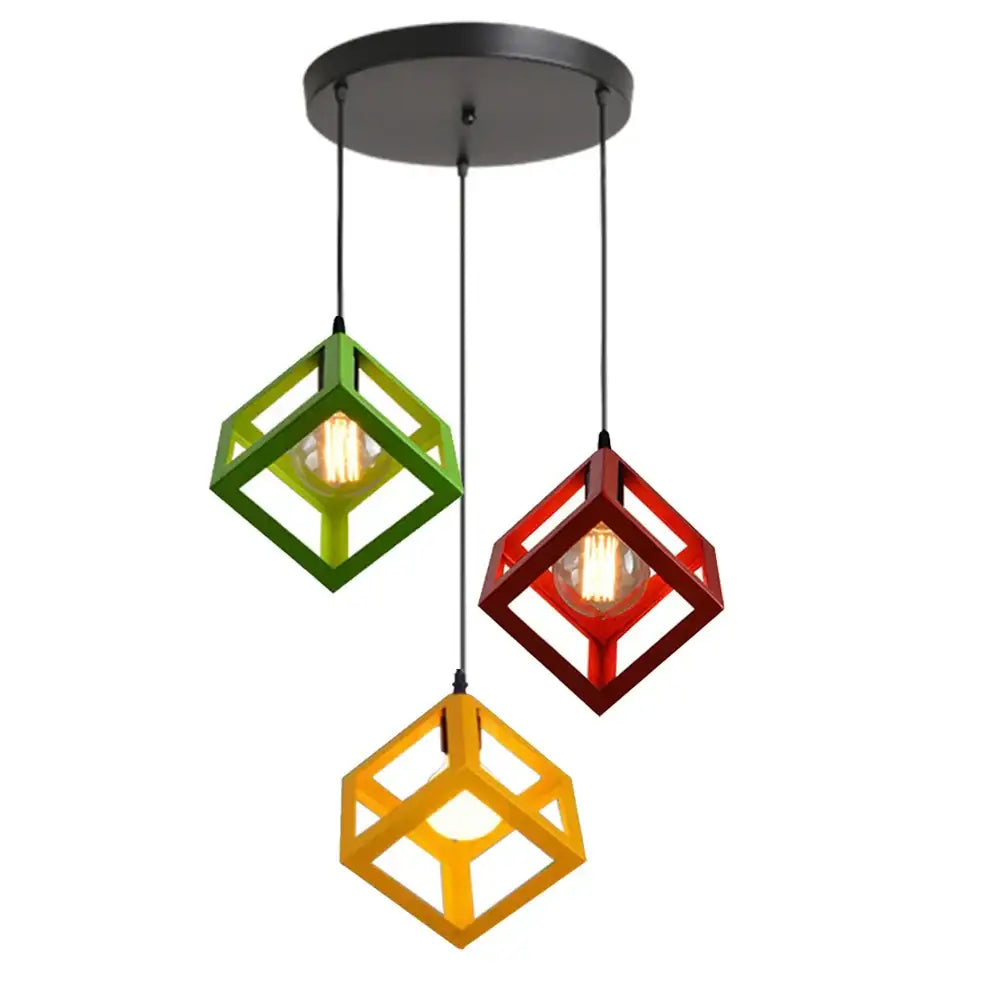 Set of three modern multicolor pendant lights with green red and yellow decorbites geometric cube shades for kitchen decor