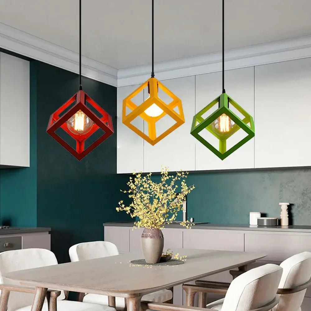 Modern multicolor geometric cube pendant lights set with red yellow and green open cube frames for kitchen decorbites geometric cube decor