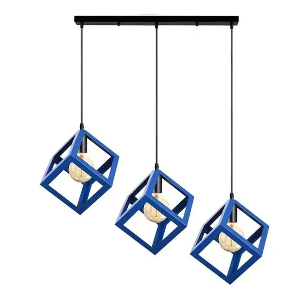 Modern multicolor geometric cube pendant lights featuring blue decorbites geometric cube shades with exposed filament bulbs