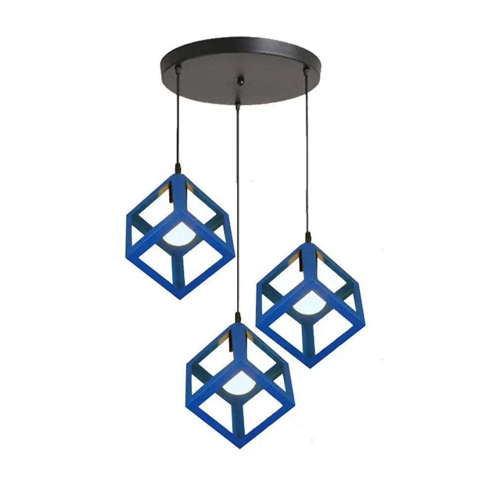 Modern multicolor pendant lights featuring blue decorbites geometric cube shades with black circular ceiling mount