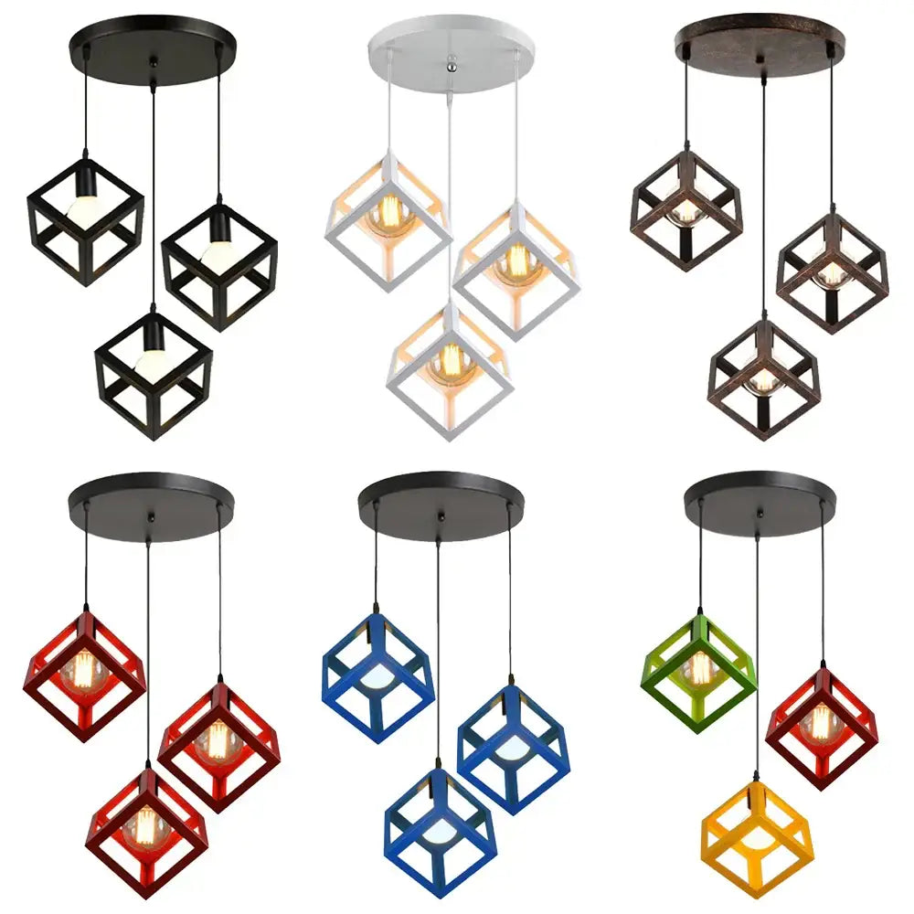 Set of six modern geometric cube pendant lights in black white red blue green and yellow for kitchen decorbites decor