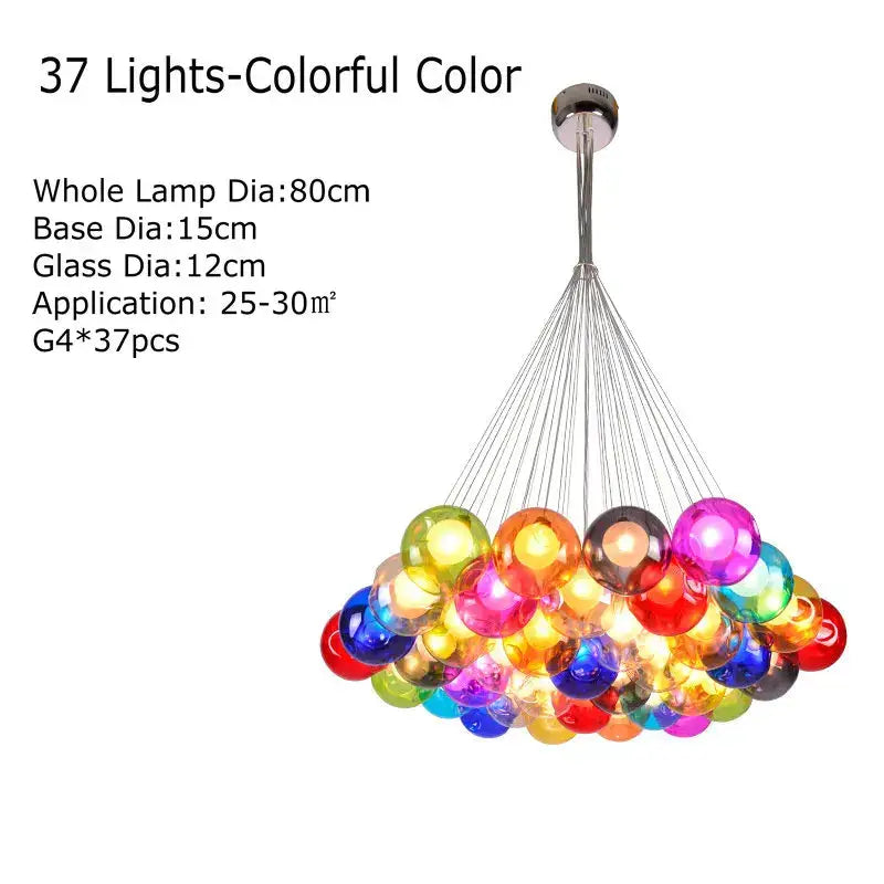 Modern multicolored clear glass chandelier with 37 colorful orbs suspended from a sleek chrome fixture for living room decor